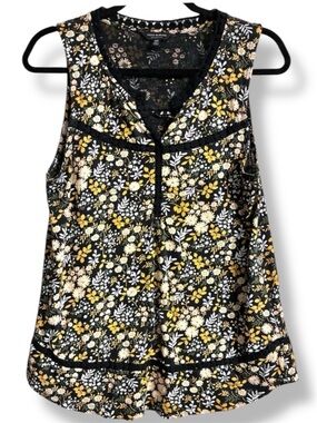 🌼 Lucky Brand Black Floral Sleeveless Boho Blouse Medium GUC